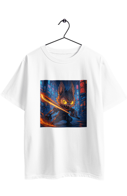 Футболка оверсайз з принтом "Лабубу". Аніместиль, дія, катана, кіберніндзя, кіберпанк, лабубу, меч, неонове місто, очі` що світяться. 2070702