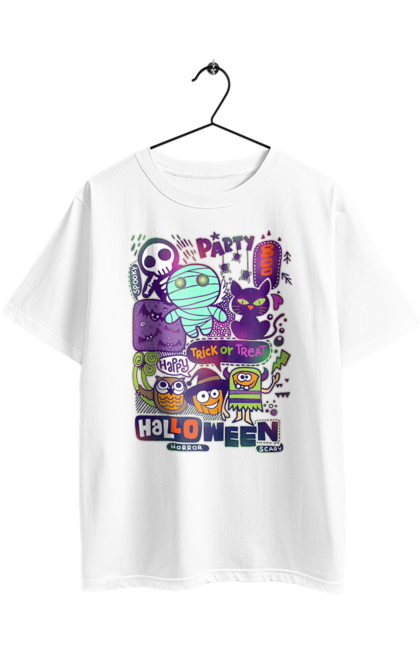 Oversized t-shirt with prints Halloween Trick or Treat. Costume, ghost, halloween, holiday, october, october 31, pumpkin, skeleton, sweets, trick or treat. 2070702