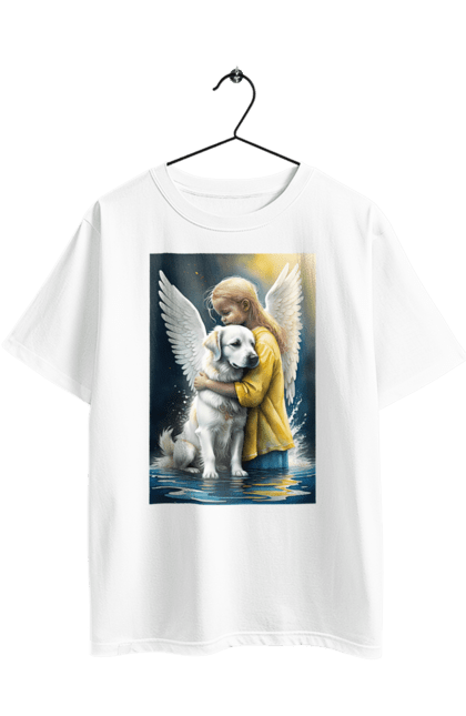 Футболка оверсайз з принтом "Дівчинка та собака ангел [память загиблим тваринам]". Дівчинка та собака, крим, нова каховка, память загиблим тваринам, собака ангел, україна, херсон. 2070702