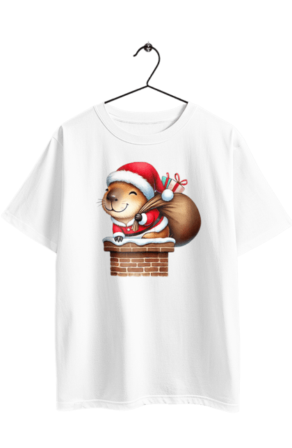 Футболка оверсайз з принтом "Різдвяна капібара з подарунком". Капібара, капібара з подарунком, новий рік, новорічний подарунок, подарунок, різдво, різдвяна капібара, санта, свято, тварина. 2070702