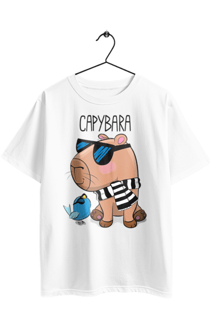 Футболка оверсайз з принтом "Стильна капібара". Капібара, модна капібара, настрій, окуляри, птах, сонячні окуляри, стильна капібара, тварина, шарф у смужку. 2070702