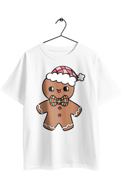 Oversized t-shirt with prints Gingerbread in a Christmas hat. Christmas, christmas decor, christmas print, cookie, festive mood, gingerbread cookies, new year, sweets, winter holidays. 2070702