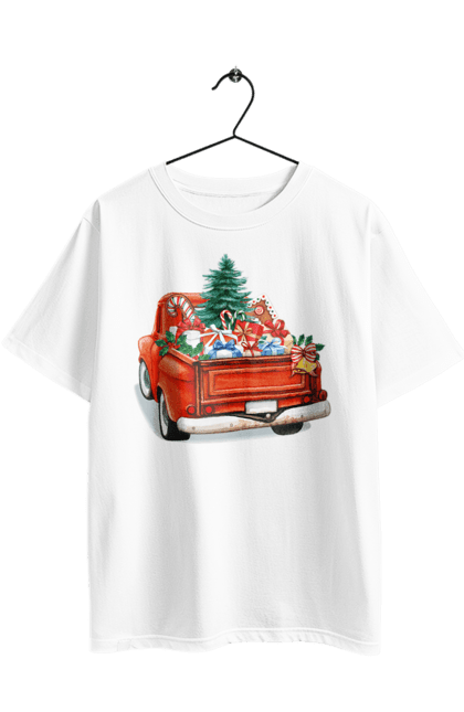 Футболка оверсайз з принтом "Авто з подарунками". Автомобіль, новий рік, подарунки, різдво, санта, ялинка. 2070702