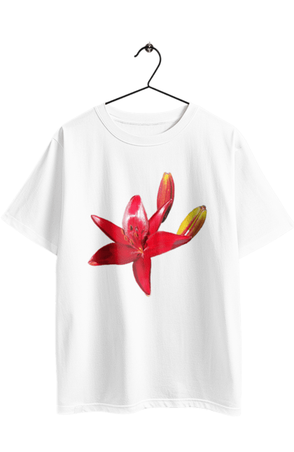 Футболка оверсайз з принтом "Червона лілія". Бутон, квітка, колір, лілія, природа, сонячний, червона квітка, червона лілія, червоний, яскравий. 2070702