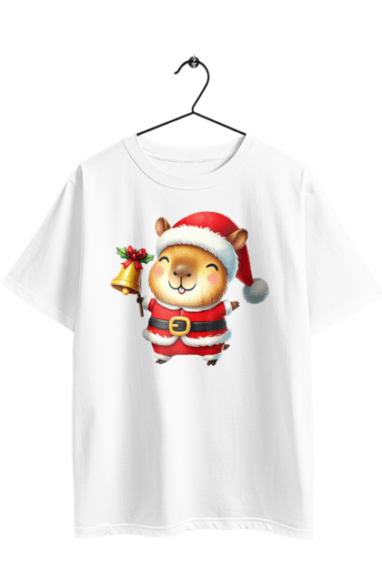 Футболка оверсайз з принтом "Весела капібара з дзвіночком". Дзвіночок, капібара, новий рік, новорічний подарунок, подарунок, різдво, різдвяна капібара, санта, свято, тварина. 2070702
