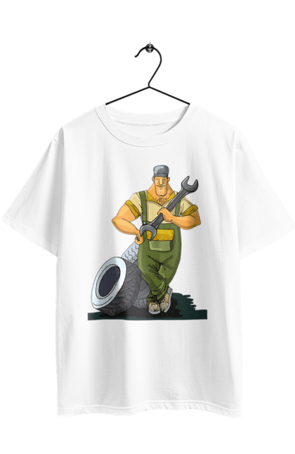 Футболка оверсайз з принтом "Автомайстер". Гайковий ключ, колеса, професія. 2070702