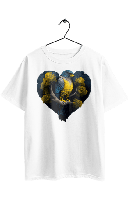 Oversized t-shirt with prints Blue and yellow falcon. Falcon, flag of ukraine, heart, symbol of ukraine, tree, ukraine. 2070702