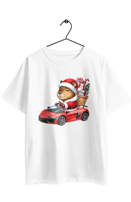 Футболка оверсайз з принтом "Різдвяна капібара з подарунком". Авто, капібара, новий рік, новорічний подарунок, подарунок, різдво, різдвяна капібара, санта, свято, тварина. 2070702