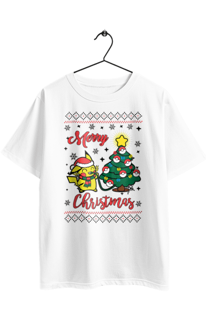 Футболка оверсайз з принтом "Пікачу Веселого Різдва!". Christmas, merry christmas, nintendo, pikachu, pokemon, аніме, гра, пікачу, покемон, різдво. 2070702