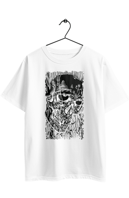 Футболка оверсайз з принтом "Череп". Зуби, кістки, очі, черв`яки, череп, чорно білий. 2070702