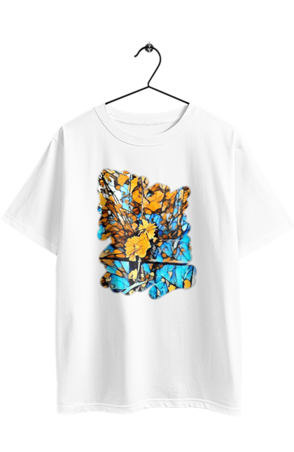 Футболка оверсайз з принтом "Жовті квіти на синьому фоні". Арт, жовтий та синій, жовті квіти, жовто-синій, квіти, малюнок, природа, синій та жовтий, синьо-жовтий. 2070702