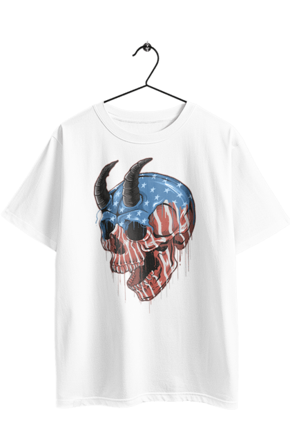 Oversized t-shirt with prints Skull with horns. America, bones, dye, flag, horns, scull, states, teeth, usa. 2070702