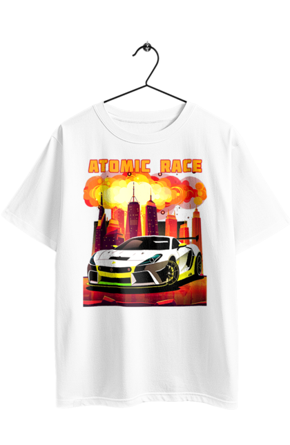 Футболка оверсайз з принтом "Атомна гонка". Авто, автомобіль, атомні перегони, гонки, гоночні машини, спортивна машина, спорткар. 2070702
