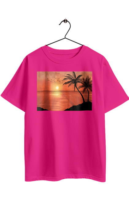 Футболка оверсайз з принтом "Захід Пальми Море". Берег, захід, море, пальми. 2070702