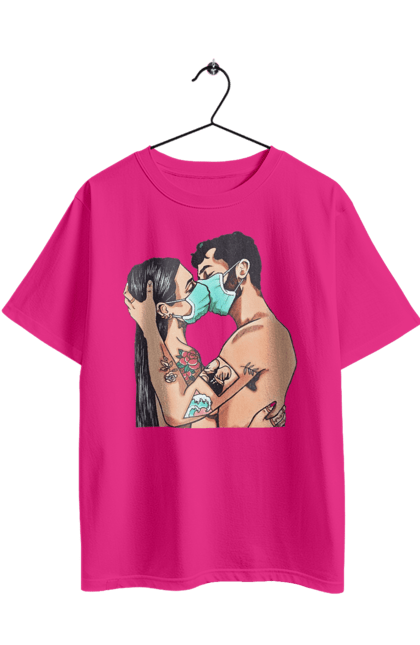Футболка оверсайз з принтом "Коронавірусна Любов". Карантин, коронавірус, кохання, маска, поцілунок. 2070702