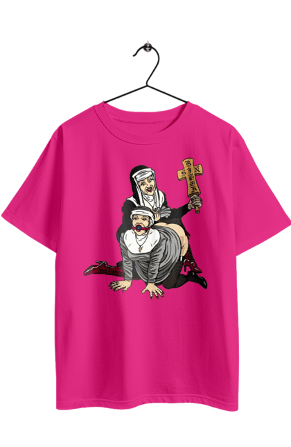 Футболка оверсайз з принтом "Монашки БДСМ". Бдсм, крута, модна, молодіжна, плескає по дупі, рок, рольові ігри, черниці бдсм, черницю, черниця. 2070702