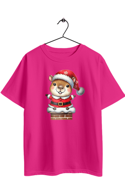 Футболка оверсайз з принтом "Різдвяна капібара". Капібара, новий рік, новорічний подарунок, подарунок, різдво, різдвяна капібара, санта, свято, тварина. 2070702