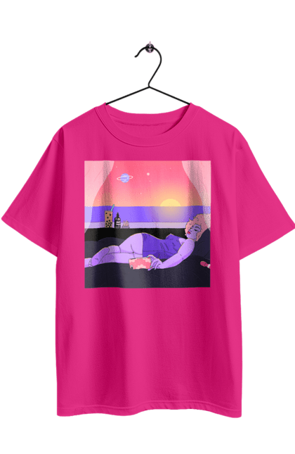 Футболка оверсайз з принтом "Фіолетова Дівчина На Відпочинку". Дівчина, захід, телефон. 2070702