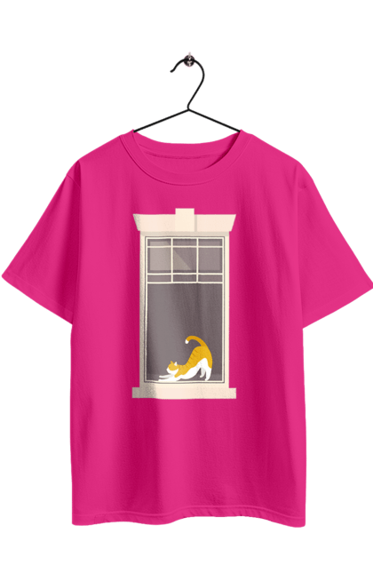 Футболка оверсайз з принтом "Кіт В Вікні". Вікно, кіт, потягушки, рудий. 2070702