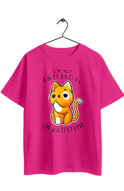 Футболка оверсайз з принтом "Не антисоціальний, а антидурний". Антидурний, антисоціал, гумор, іронія, кіт, мем, прикол, сарказм, хейт, цинізм. 2070702