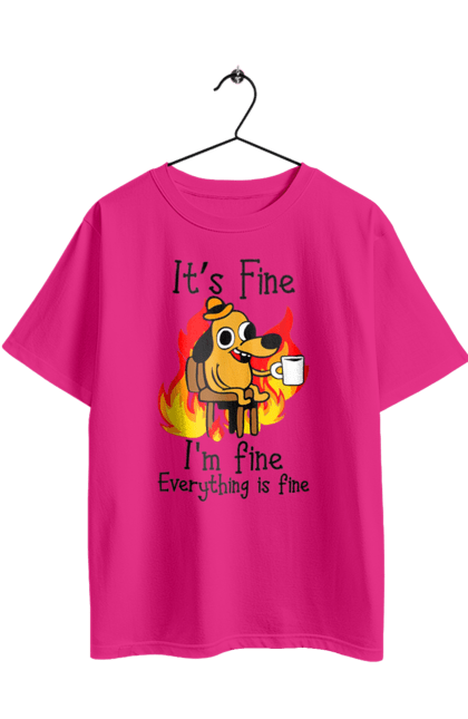 Футболка оверсайз з принтом "Все добре". Dog, everything is fine, funny, happy, humor, humorous, mental health, okay, positive, sarcasm. 2070702
