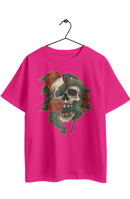 Футболка оверсайз з принтом "Череп зі змією". Змія, зуби, квіти, кістки, луска, троянди, череп, шипи. 2070702