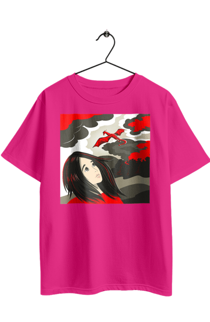 Футболка оверсайз з принтом "Дівчина та дракон". Дівчина, дракон, романтика, фентезі. 2070702