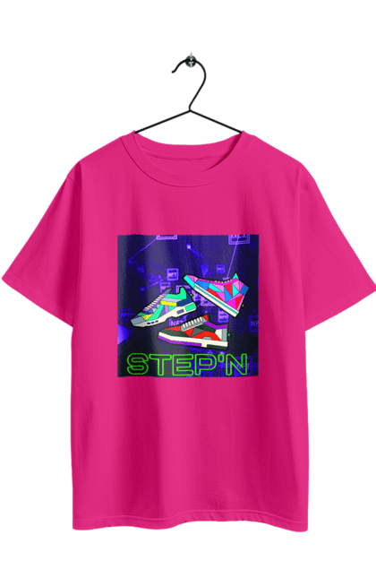 Футболка оверсайз с принтом Step'n. Виртуальные кроссовки, крипта, криптовалюты, нфт, нфт кроссовки, солана, степн. 2070702