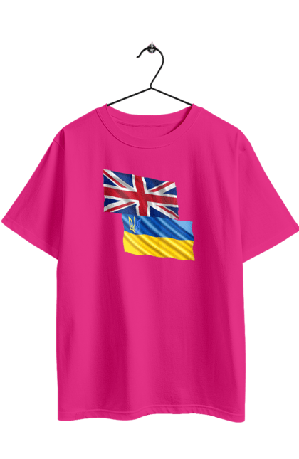 Футболка оверсайз з принтом "Прапор Великої Британії, прапор України, Підтримка України". Британія, велика британія, війна, киев, мир, національні кольори, прапор, прапор британії, прапор великої британії. 2070702
