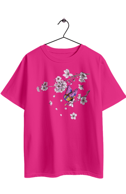 Футболка оверсайз з принтом "Метелик І Сакура". Весна, дерево, метелик, сакура. 2070702