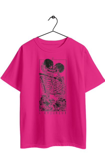 Футболка оверсайз с принтом Влюбленные скелеты. Зубы, карта, кости, любовь, поцелуй, скелеты, таро, череп. 2070702