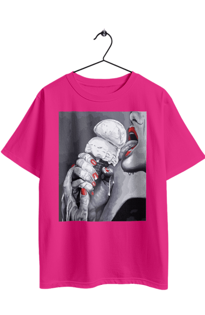 Футболка оверсайз з принтом "Смак ескімо". Апетитне ескімо, вона лиже, дівчина та морозиво, лиже мовою, смак ескімо, смак морозива, тече по губах, тече по руках. 2070702