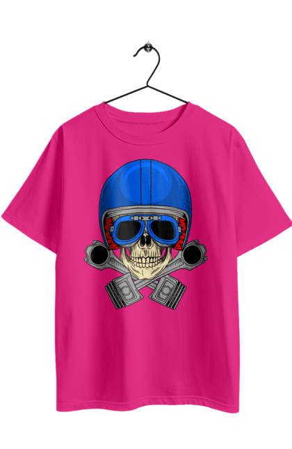 Футболка оверсайз з принтом "череп мотолюбитель". Байкер, окуляри, череп, шолом. 2070702