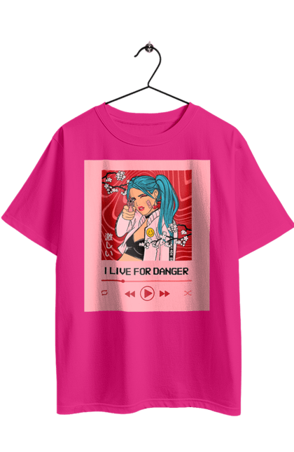 Футболка оверсайз з принтом "I Live For Danger". Аніме, музика, пістолет, програвач. 2070702