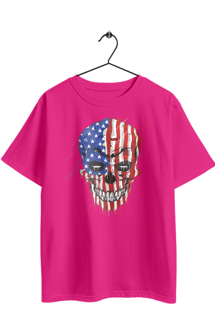 Футболка оверсайз з принтом "Череп з прапором". Зуби, кістки, орел, посмішка, прапор, сша, череп. 2070702