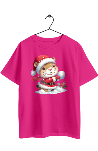 Футболка оверсайз з принтом "Капібара грає у сніжки". Гра, капібара, новий рік, подарунок, різдво, різдвяна капібара, санта, свято, сніжки, тварина. 2070702
