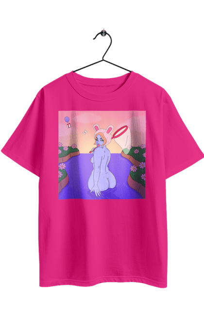 Футболка оверсайз з принтом "Фіолетова Дівчина На Полюванні". Гола, дівчина, сачок. 2070702