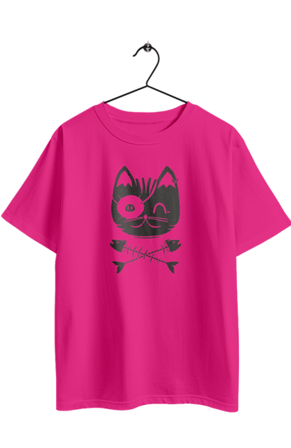 Футболка оверсайз з принтом "Кіт пірат". Кістки, кіт, крутий малюнок, милі рисунки, пірати, риба, тварини, череп. 2070702