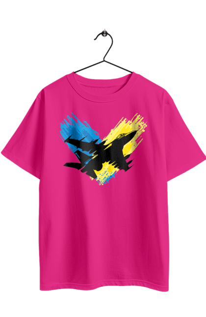 Футболка оверсайз з принтом "Літак F 16". З прапором, зсу, літак, літак f16, патріотична, прапор, ф16. 2070702