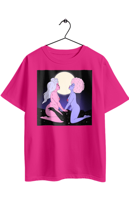 Футболка оверсайз з принтом "Дві Інопланетянки І Місяць". Дівчата, зверху, інопланетянки. 2070702