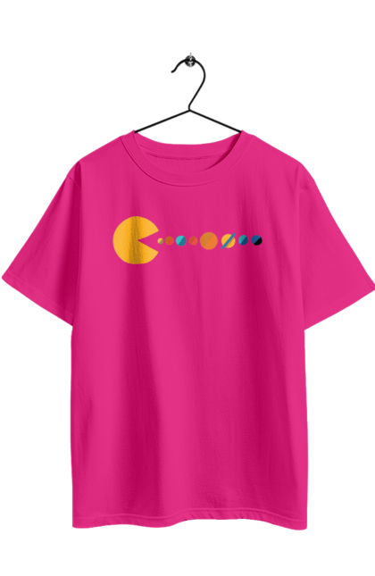 Футболка оверсайз з принтом "Pac Man Planets". Atari, namco, pac man, аркадна відеогра, відеогра, комп`ютерна гра, космос, лабіринт, планети, сонячна система. 2070702