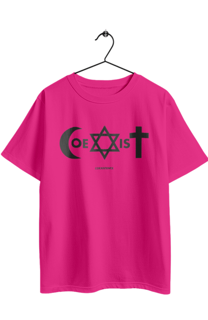 Oversized t-shirt with prints Coexist. Christianity, coexist, equality, interreligious dialogue, islam, judaism, religion, symbols of faith, tolerance. 2070702