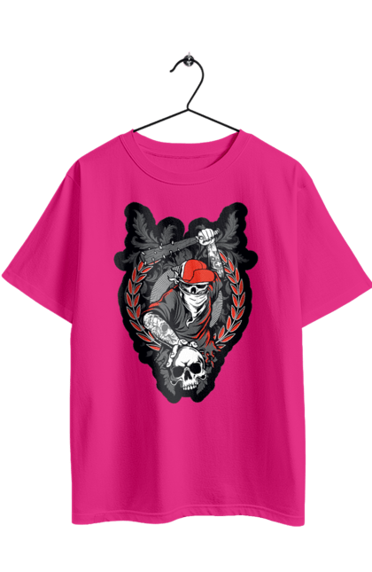 Oversized t-shirt with prints Skeleton with a bat. Bit, bones, cap, gang, nails, scull, skeleton, tattoo, teeth. 2070702