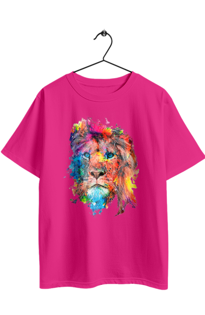 Футболка оверсайз з принтом "Лев із фарби". Барвистий лев, індійський лев, лев, лев та холі, розмальовка, святковий лев, фарби, холи. 2070702