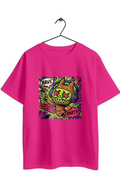 Футболка оверсайз з принтом "Лабубу". Вечірка, вуличне мистецтво, графіті, зоряніочі, коміксстиль, лабубу, навушники, неон, попарт, рейв. 2070702