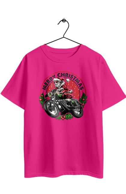 Футболка оверсайз з принтом "Щасливого Різдва, дід мороз на мотоциклі". 2022, дід мороз, зима, мотоцикл, новий рік, подарунки, різдво, санта, сніг. 2070702