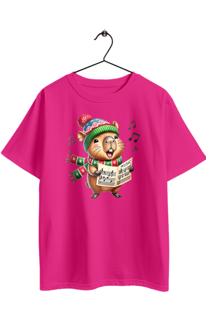 Футболка оверсайз з принтом "Капібара співає різдвяні пісні". Капібара, музика, новий рік, подарунок, різдво, різдвяна капібара, санта, свято, тварина, хор. 2070702