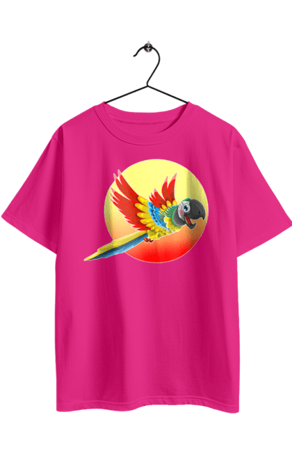 Футболка оверсайз з принтом "Папуга На Тлі Сонця". Ара, веселий, відпочинок, відпустка, диск, жарко, жовтий, коло, кольоровий, крила, літає, літо, папуга, папужка, пір`я, політ, помаранчевий, птах, різнокольоровий, сонце, сонячно, спека, тепло, тропіки, у польоті, червоний. 2070702