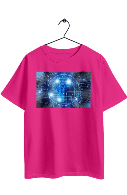 Футболка оверсайз з принтом "Штучний інтелект". Айті, айтішник, гік, знання, інженер, інтелект, кібер, кібернетика, кіборг, код, комп, комп`ютерник, кристал, машинне навчання, мікросхема, мозок, портрет, програміст, професіонал, професія, розробник, розум, хакер, чіп, штучний інтелект, штучний розум. 2070702