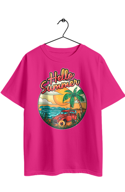 Футболка оверсайз з принтом "Привіт Літо, Машина Біля Моря". Літо, машина, острів, пальма, пляж. 2070702